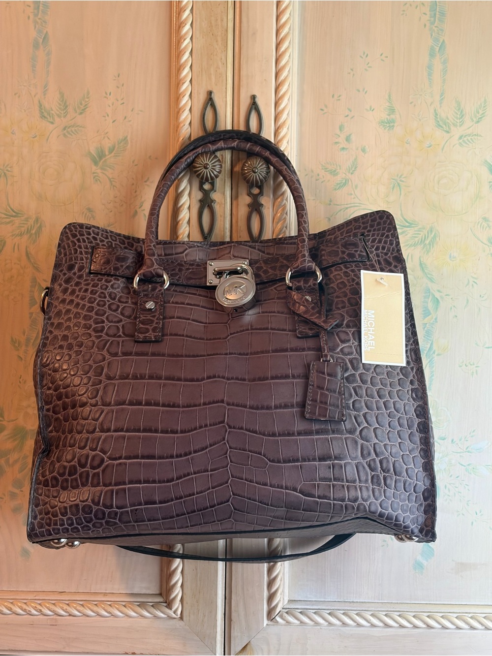 Michael Kors Brown Croc-Embossed Satchel with Silver Hardware and Dust Bag + A 🎁
